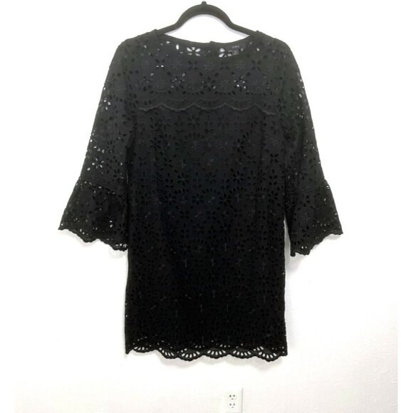 J CREW Black Embroidered Eyelet Bell Sleeve Shift Dress Size 4 Dark Fairy Boho - Picture 3 of 11